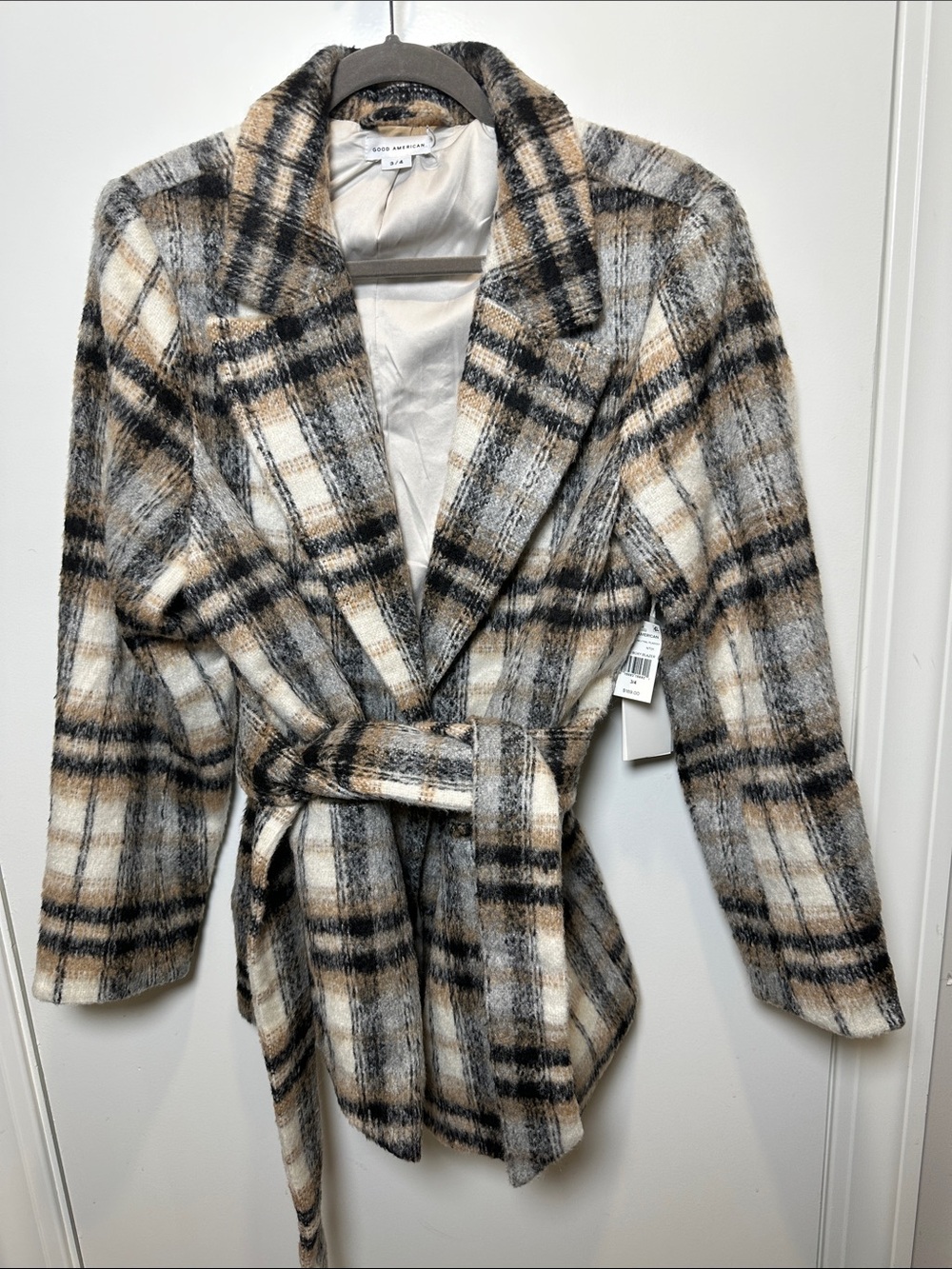 Good American Plaid Belted Trench Coat - Cream, Gray, Black (17)